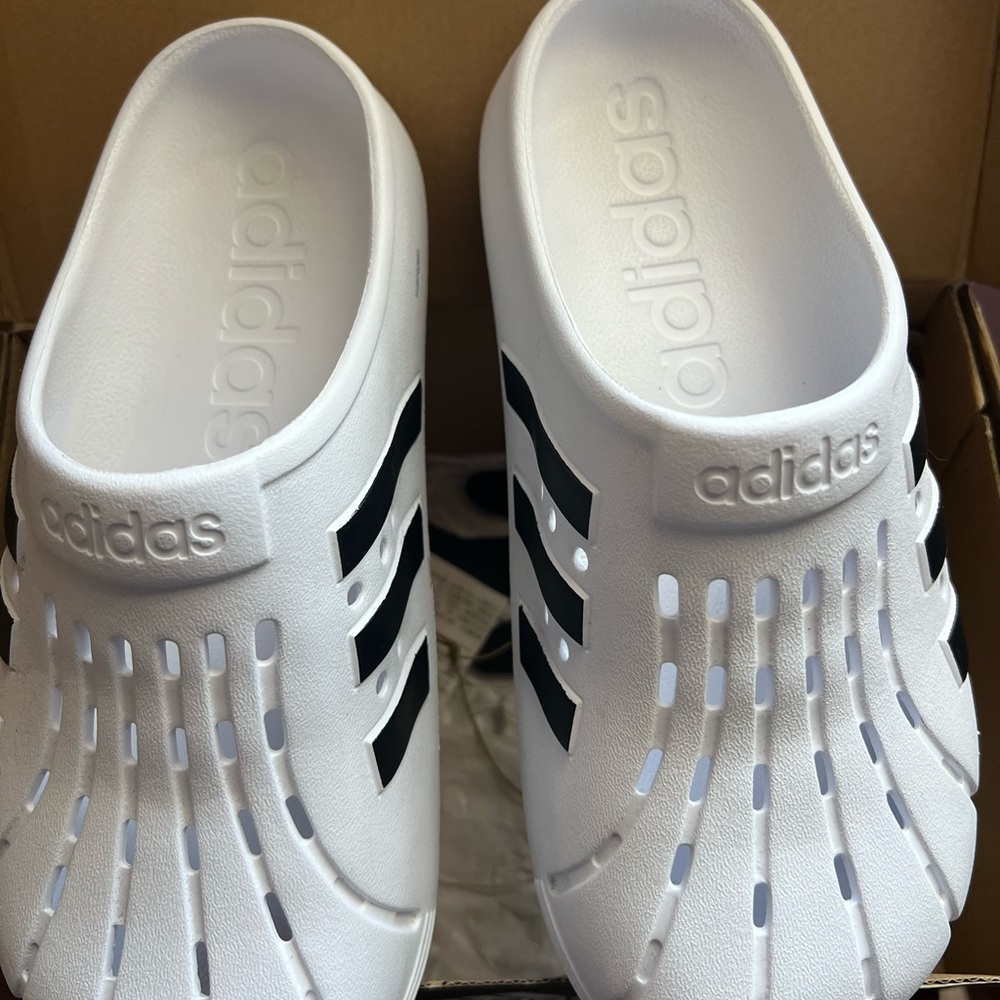 adidas White Slip-On Clog with Black Stripes